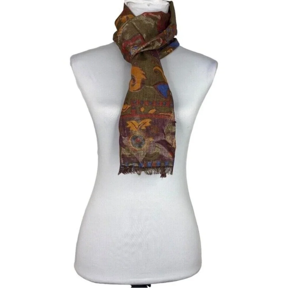 Bally‎ Vintage Gold Metallic Artisan Print Scarf Wool Silk Made in Italy 26x60